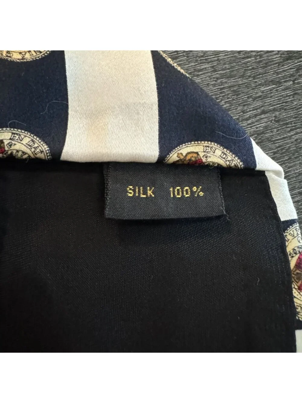 VTG Sinsabang Pure Silk Tie Navy White Striped Royal Crest Motif Made In Korea